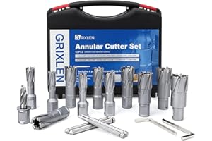 GRIXLEN 12 Pack 7/16 to 1-1/8 inch Annular Cutters Set with Weldon Shank,11mm ~ 29mm Carbide Tip Annular Drill Bit for Stainless Steel, Iron (1-3/8 inch Depth Set)