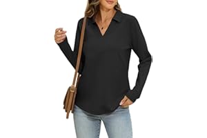 EasyGala Womens Cotton Long Sleeve Polo Shirts Business Casual V Neck Collared Tops Loose Fit Work Blouses Fall Outfits 2025