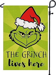 PAMBO Merry Christmas Garden Flag 12x18 Double Sided for Outside Yard Outdoor Decoration - Grinch Lives Here Christmas Garden Flag