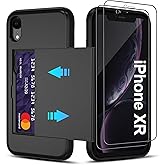 Pilaru for iPhone XR Case with Card Holder【2 Pcs HD Screen Protector】 Slim Heavy Duty Dual Layer Shockproof Design【Hidden Card Slot 】 Wallet Case for Girls Women for i iphoneXR Cases -Black