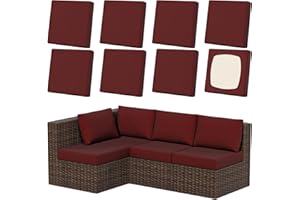 VORSHAPE 8Pcs Patio Stretch Cushion Covers, Outdoor Couch & Sofa Replacement Slipcovers for Patio Furniture Cushion Covers, Washable Reusable Furniture Protector, Square Large, Wine Red