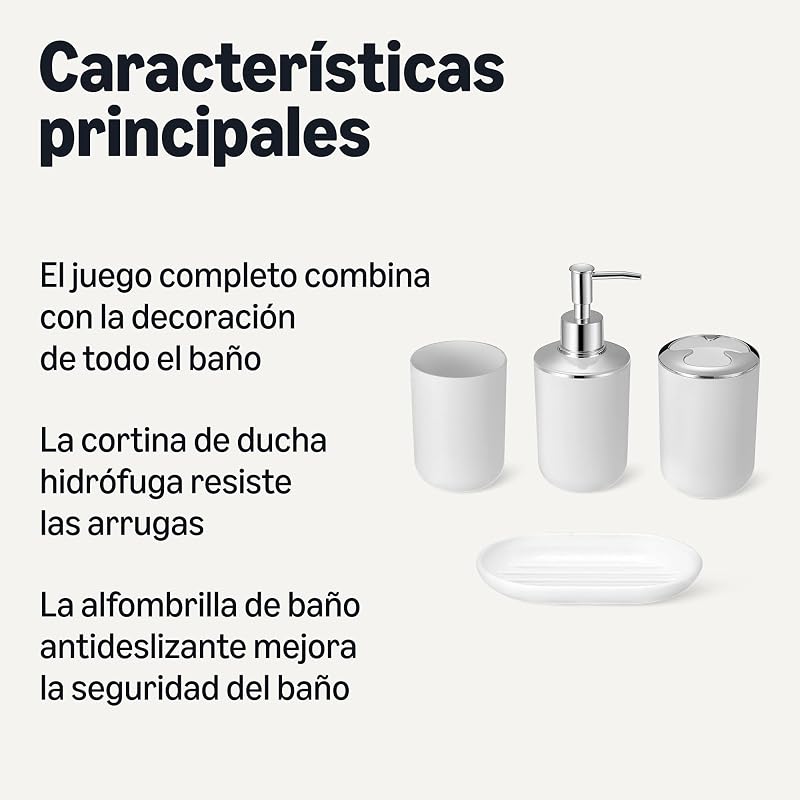 Conjunto de acessórios para a casa de banho: cortina de duche com ganchos, tapete de banho em espuma viscoelástica, dispensador de sabonete, recipiente para escova de dentes e vidro, branco — foto 2 de 5