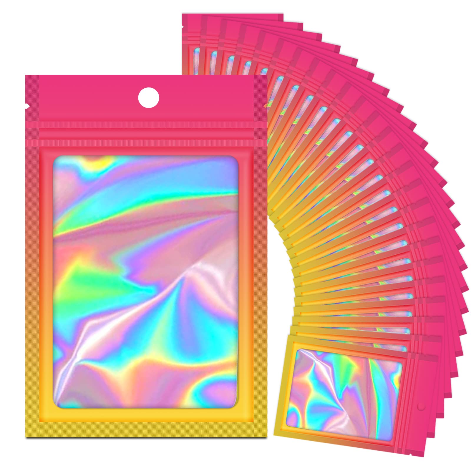 Photo 1 of 100 Holographic Gradient Mylar Bags with Clear Window, Resealable Zip Pouch, Packaging Party Sample Bags (Hot Pink&Orange, 4.1x5.9 Inch)