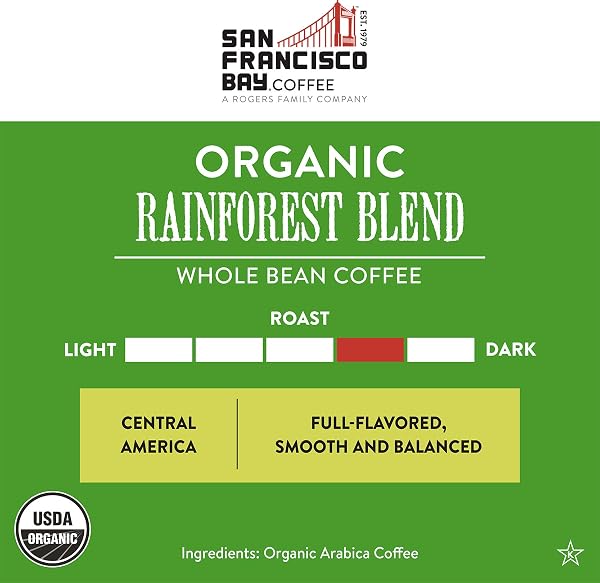 SAN FRANCISCO BAY COFFEE – MEDIUM-DARK ROAST WHOLE BEAN COFFEE – ORGANIC RAINFOREST BLEND (2 LB BAG) – UDSA ORGANIC
