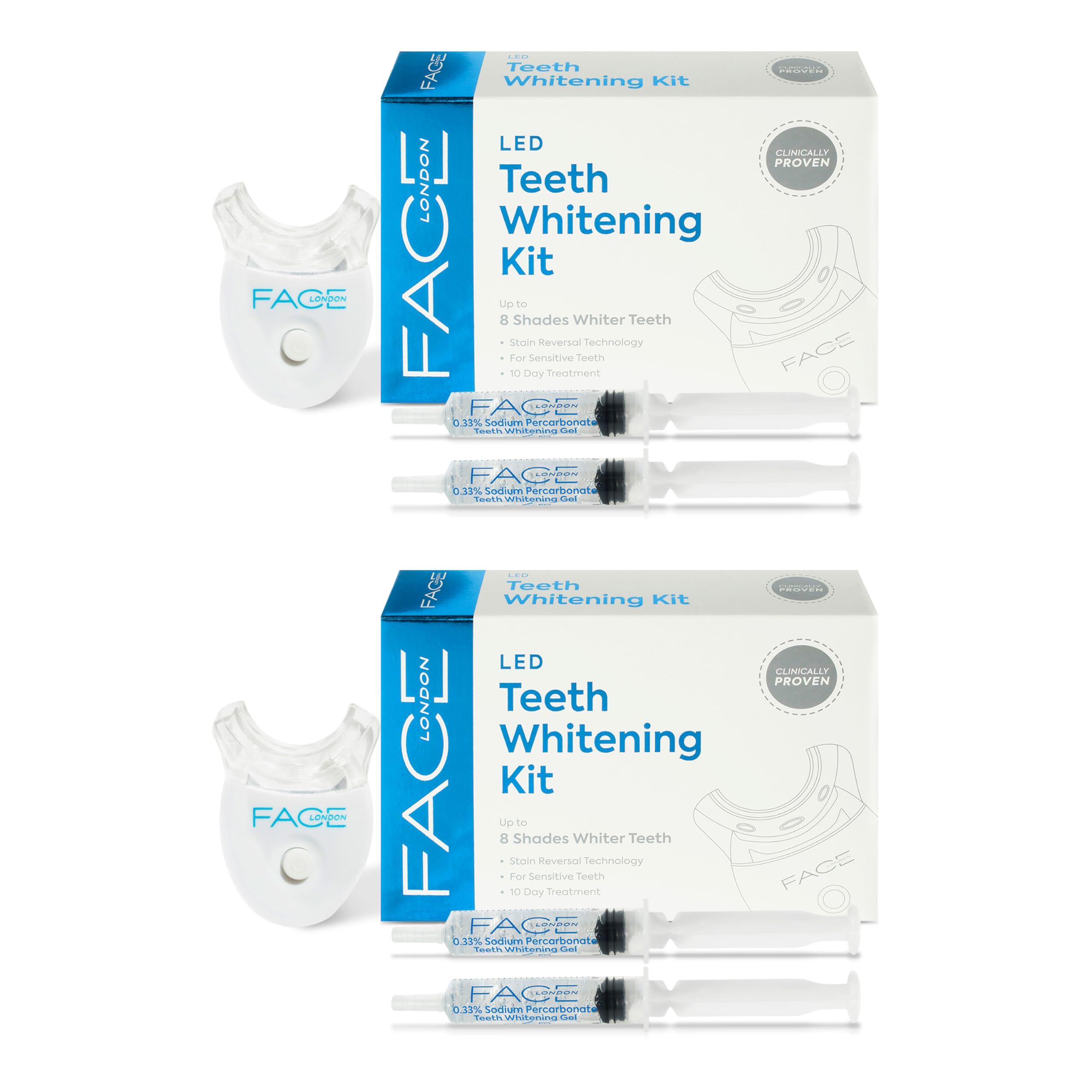 Face London Teeth Whitening Kit Pack of 2 with LED Light & Up to 8 Shades Enamel Friendly Teeth Stain Remover, Sensitive Teeth | Teeth Whitener| Teeth Whitening Gel