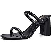 Athlefit Women's Square Open Toe Two Strap Heeled Sandals Slip On Block Chunky Heels Sandals