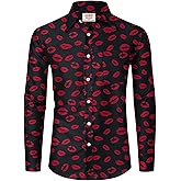 Arvilhill Men Valentine's Day Button Shirt Heart Graphic Long Sleeve Dress Shirts (S-3XL)
