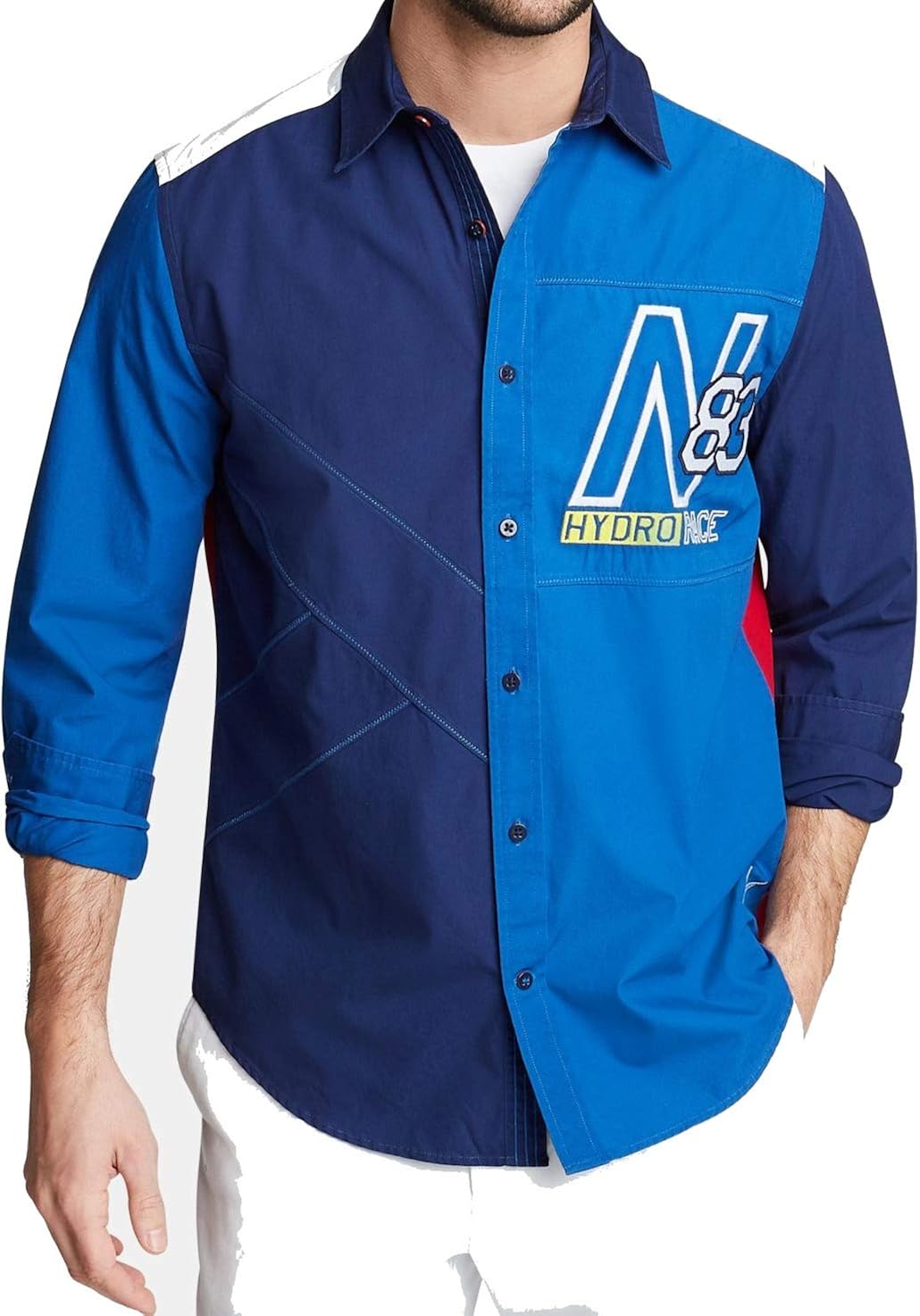 Nautica Mens Shirts Button Front Classic Fit Colorblock Blue 2XL