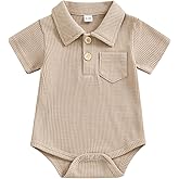 Lesimsam Newborn Baby Boy Clothes Waffle Knit Button Up Shirt Romper Solid Short Sleeve Collared Bodysuit One-Piece Outfit