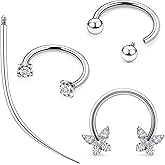 Ruifan Titanium Horseshoe Nose Ring 16G Cubic Zircon Butterfly Septum Rings Piercing Jewelry Internally Threaded Cartilage Conch Helix Rook Tragus Lip Earring Hoop Eyebrow For Women Men 8mm 10mm