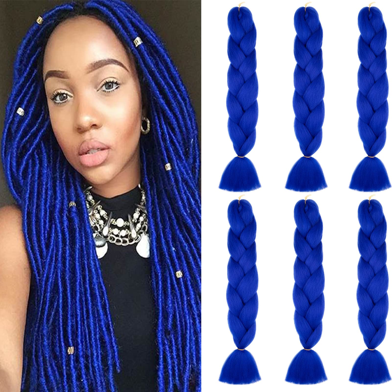 24" Braiding Hair Extension Jumbo Braids Synthetic 6 packs 600g Crochet Hair Afro Box Braid Heat Resistent, Sapphire Blue — image 1