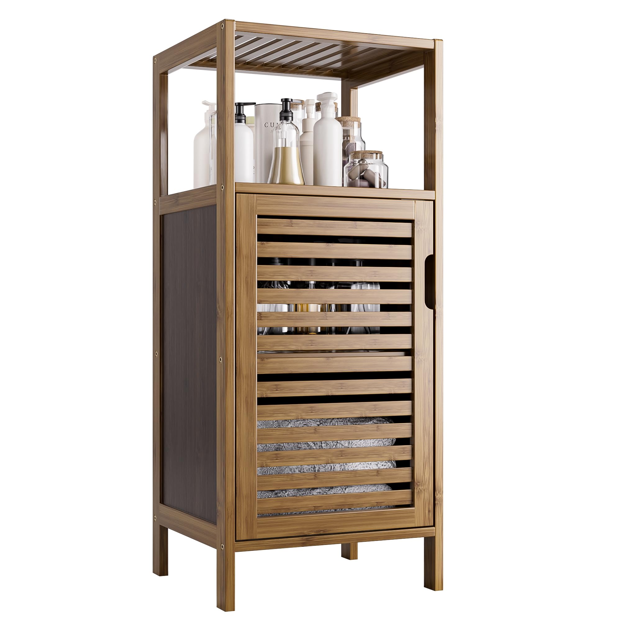 View 1 of HITNET Bathroom Cabinet, Bamboo Floor Cabinet Free Standing, 4 Tier Sofa Side Storage Cupboard for Living Room Kitchen Bedroom, Walnut