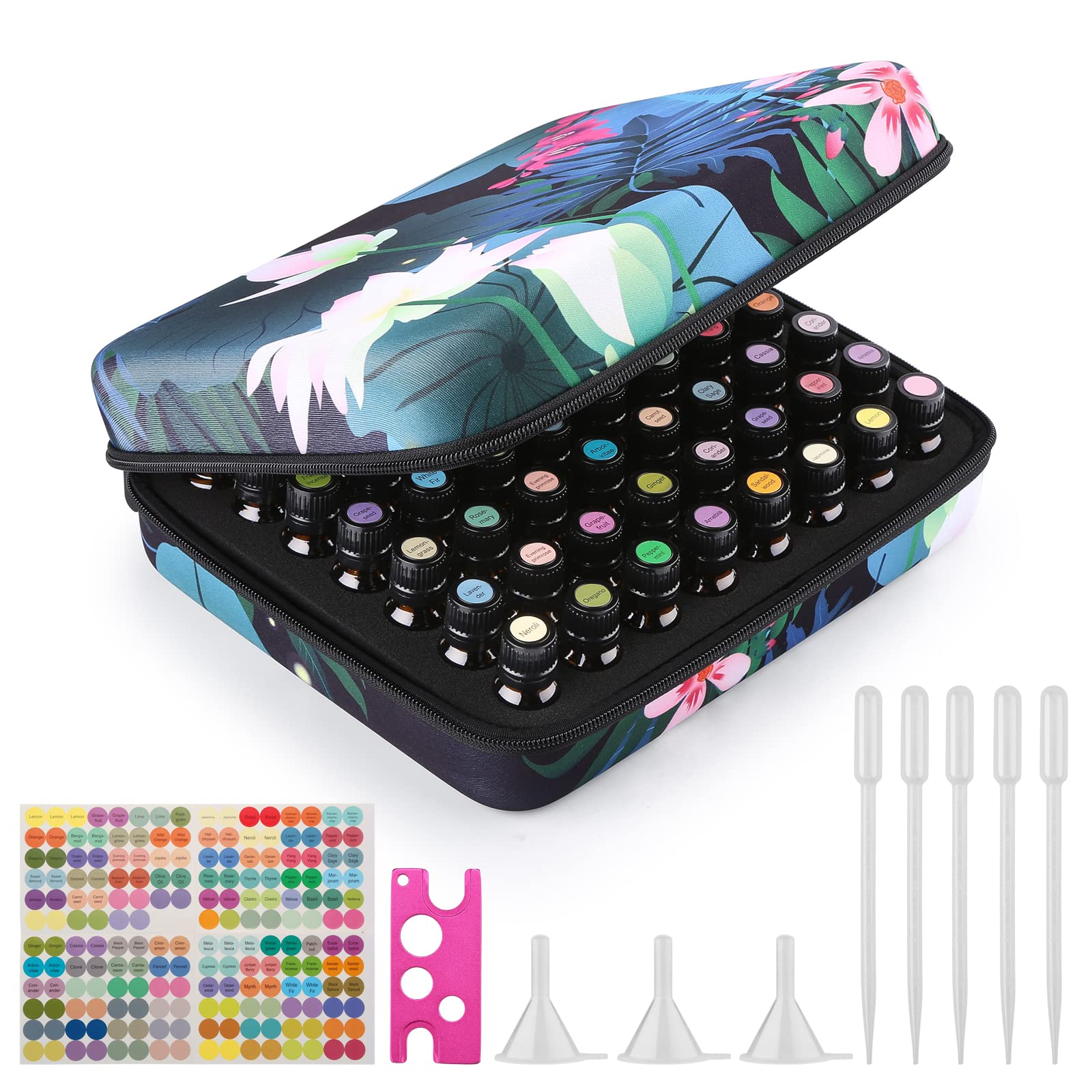 FITNATE Essential Oil Storage Holds 56 Bottles for 5/10/15ml Shockproof, Waterproof and Durable, Essential Oils Travel Case with Bottle Opener, Colorful Stickers, Droppers and Funnel