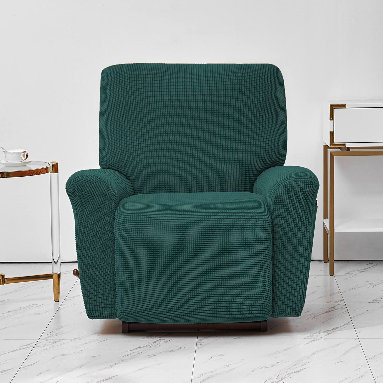 LiveGo Jacquard Recliner Chair Covers, Stretch Polyester Spandex Recliner Cover 4 Pieces, Reclining Chair Cover with Elastic Side Pocket, Armchair Cover for Living Room (Dark Green)