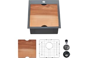 EcoChannels Kitchen Sink, 17 x 19 Inch Drop in Bar Sink Gunmetal Black Stainless Steel Workstation Sink Topmount Kitchen Sink Single Bowl with Cutting Board