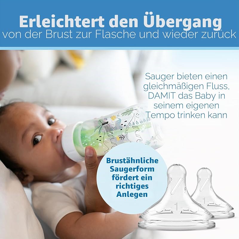 Natural Flow® Anti-Colic Options+™ Weithals-Babyflasche, Designer-Edition-Flaschen, Dino Decos, 270 ml, Level 1 Nippel, 2er-Pack, ab 0 Monaten