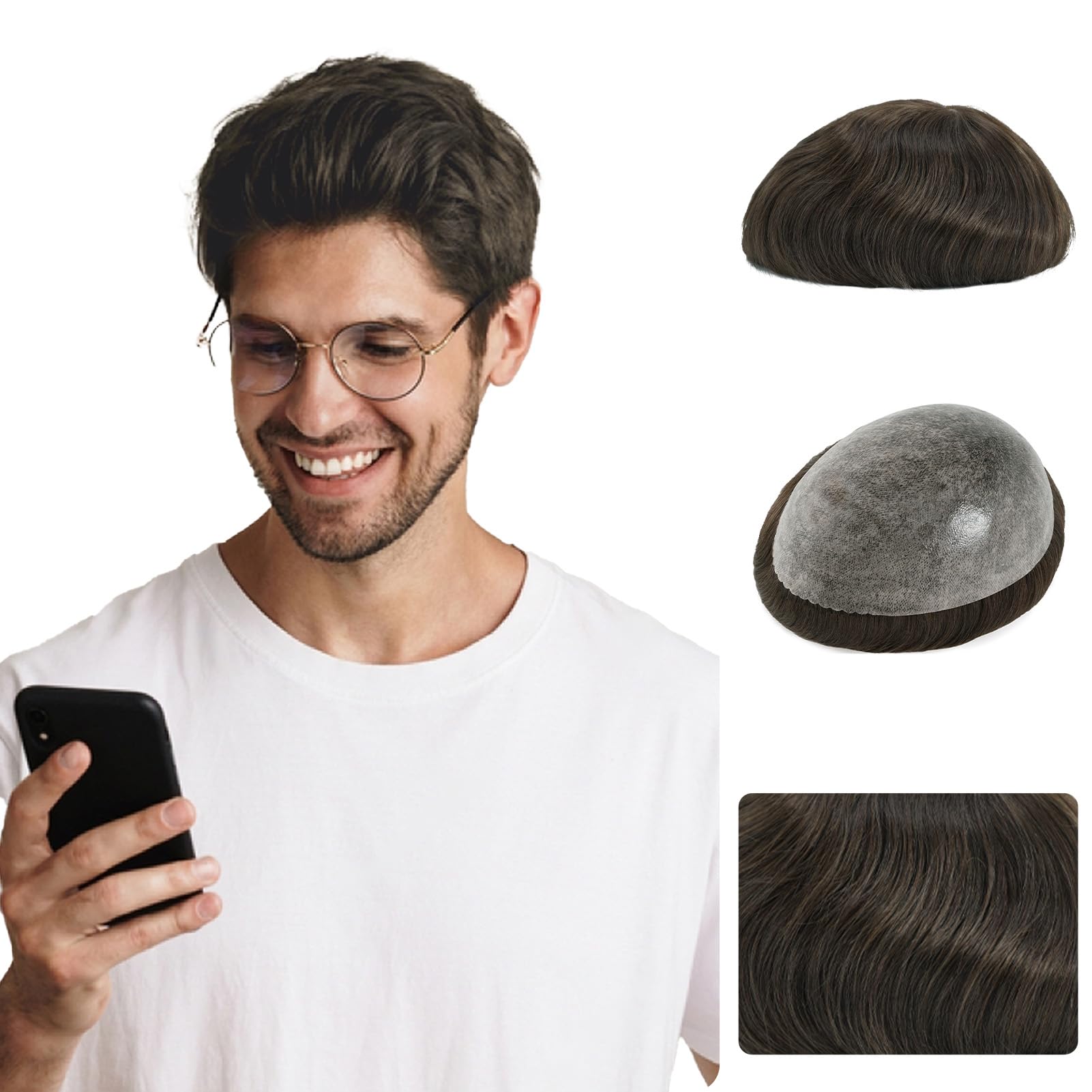 Zakya Hair System for Men Thin Skin Men's Toupee 100% Human Hair Men's Hairpieces 8x10 Inches Base Size Hair Replacement System for Men (Medium Dark Brown 4#) — image 1