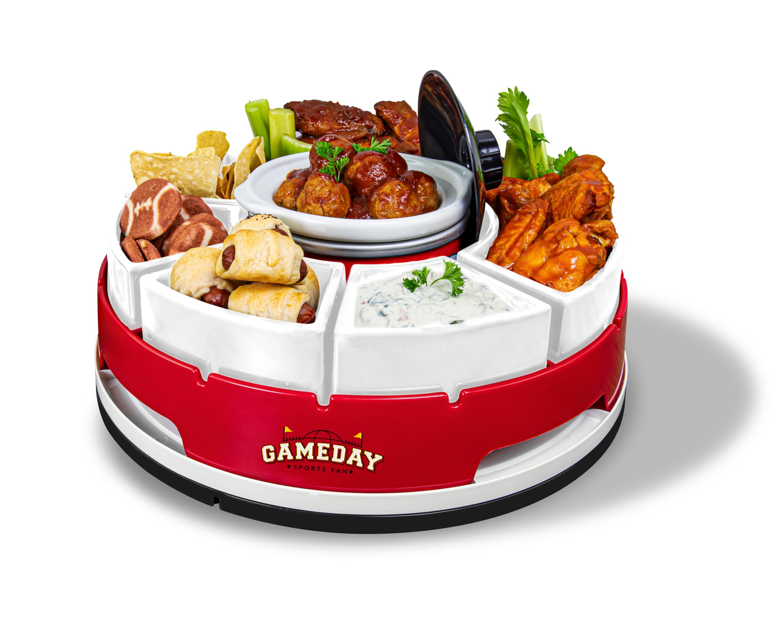 Nostalgia Gameday Heated Slow Cooker and Lazy Susan Serving Set for Parties, Fondue Pot for Dips and Nachos, Red/White Image
