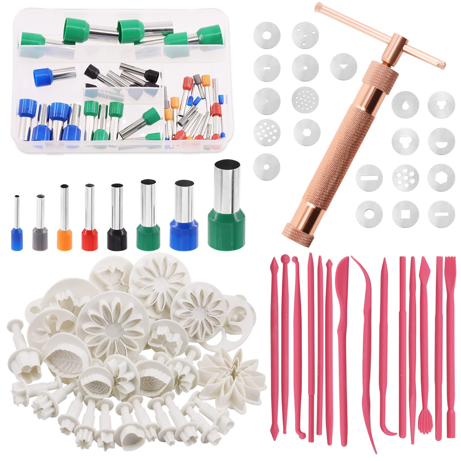 Sweet 122Pcs Rose Gold Clay Extruder Gun and Fondant Cake Mold with Cookie Plunger Cutter Tool, Perfect for Clay Cake DIY Craft Decorating Supplies Modeling Tool