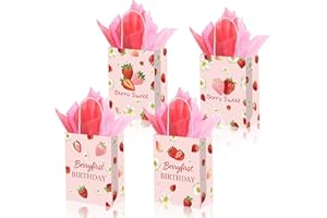 24 Pcs Strawberry Charm Gift Bags with 2 Delightful Designs & 24 Colorful Decorative Papers, Elegant Present Packaging for Pa