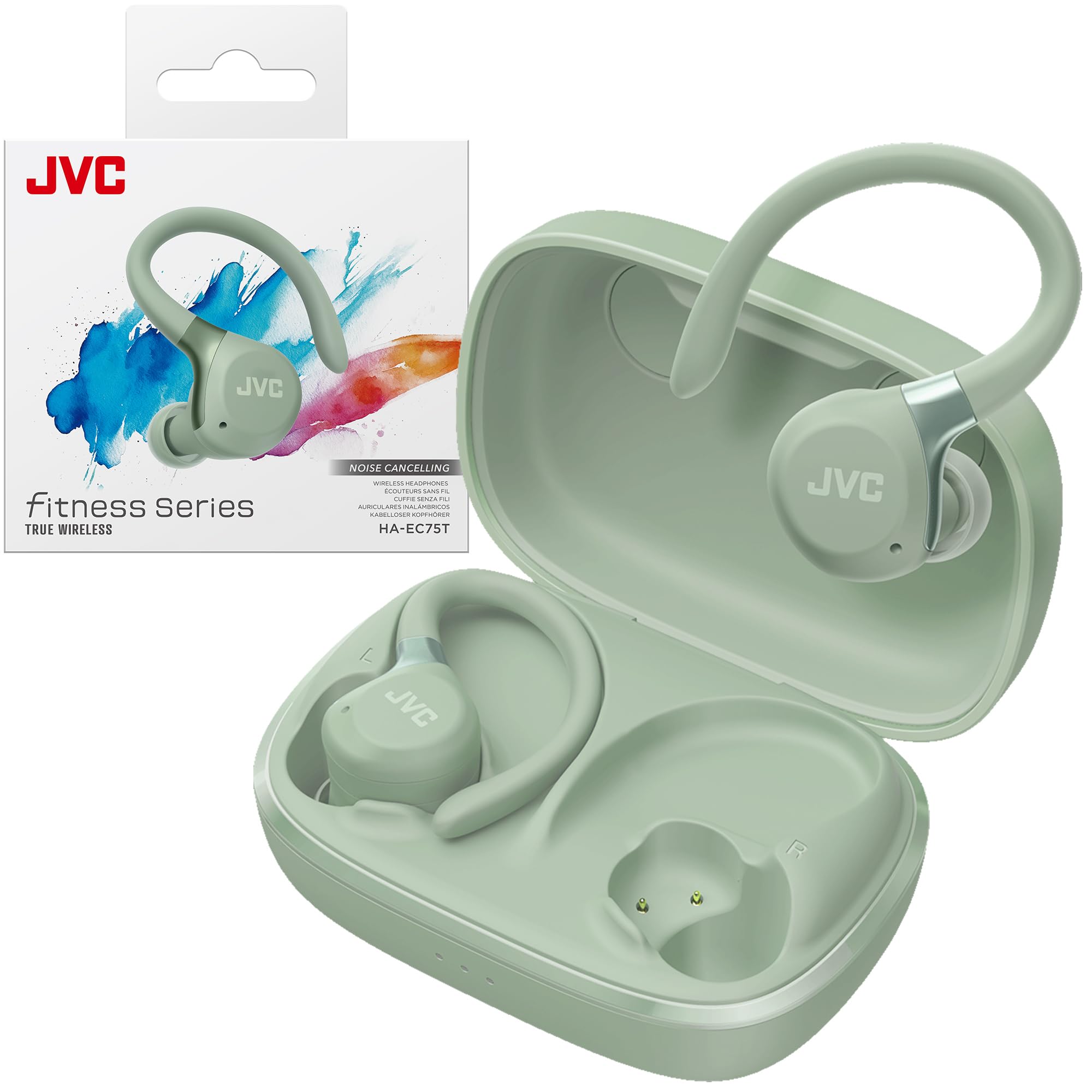 JVC Fitness Series True Wireless Sport Earbuds with Adjustable Hooks, Active Noise Cancelling, Ambient Sound Mode, IP57 Waterproof, 40hr Long Battery Life, App EQ, Low Latency, Mic HAEC75TG Green