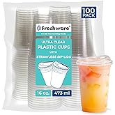 Freshware 16 oz Clear Disposable Plastic Cups with Strawless Sip Lids, 100 Pack Clear Plastic Tumblers, Heavy-duty Party Glasses, Disposable Cup for Thanksgiving, Halloween, Christmas Party