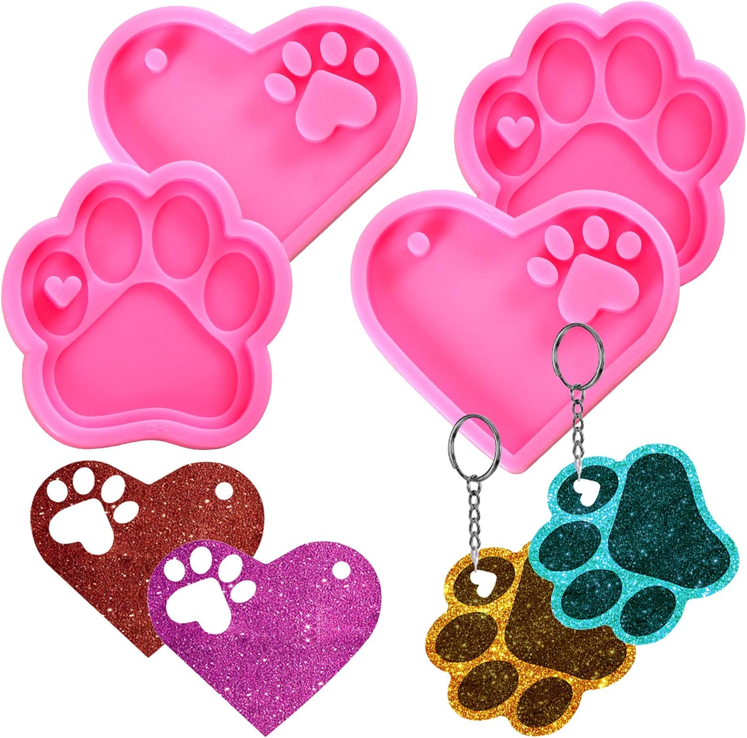 Pendolr 4 Pcs Heart Bear Paw Candy Chocolate Fondant Molds Love Paw Print Key chain Silicone Resin Molds for DIY Bag Tag Sugar craft Polymer Clay Cake Decorating