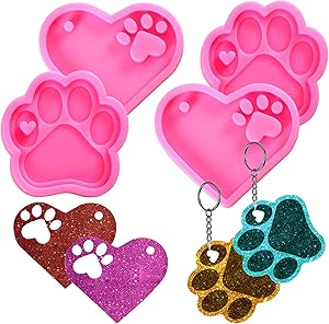 Pendolr 4 Pcs Heart Bear Paw Candy Chocolate Fondant Molds Love Paw Print Key chain Silicone Resin Molds for DIY Bag Tag Sugar craft Polymer Clay Cake Decorating