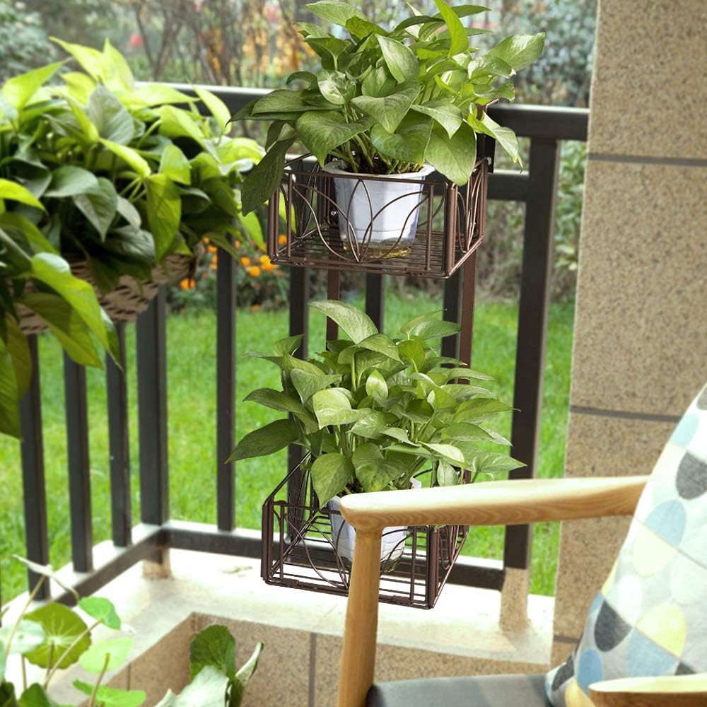 AmnoAmno 2-Tier Balcony Hanging Flower Rack Stand Rail Planters Baskets Pots for Outside, Deck Railing Planters Boxes Outdoor Hanger Stand with Strong Metal Folding Design Easy Installation (Bronze) : Garden & Outdoor