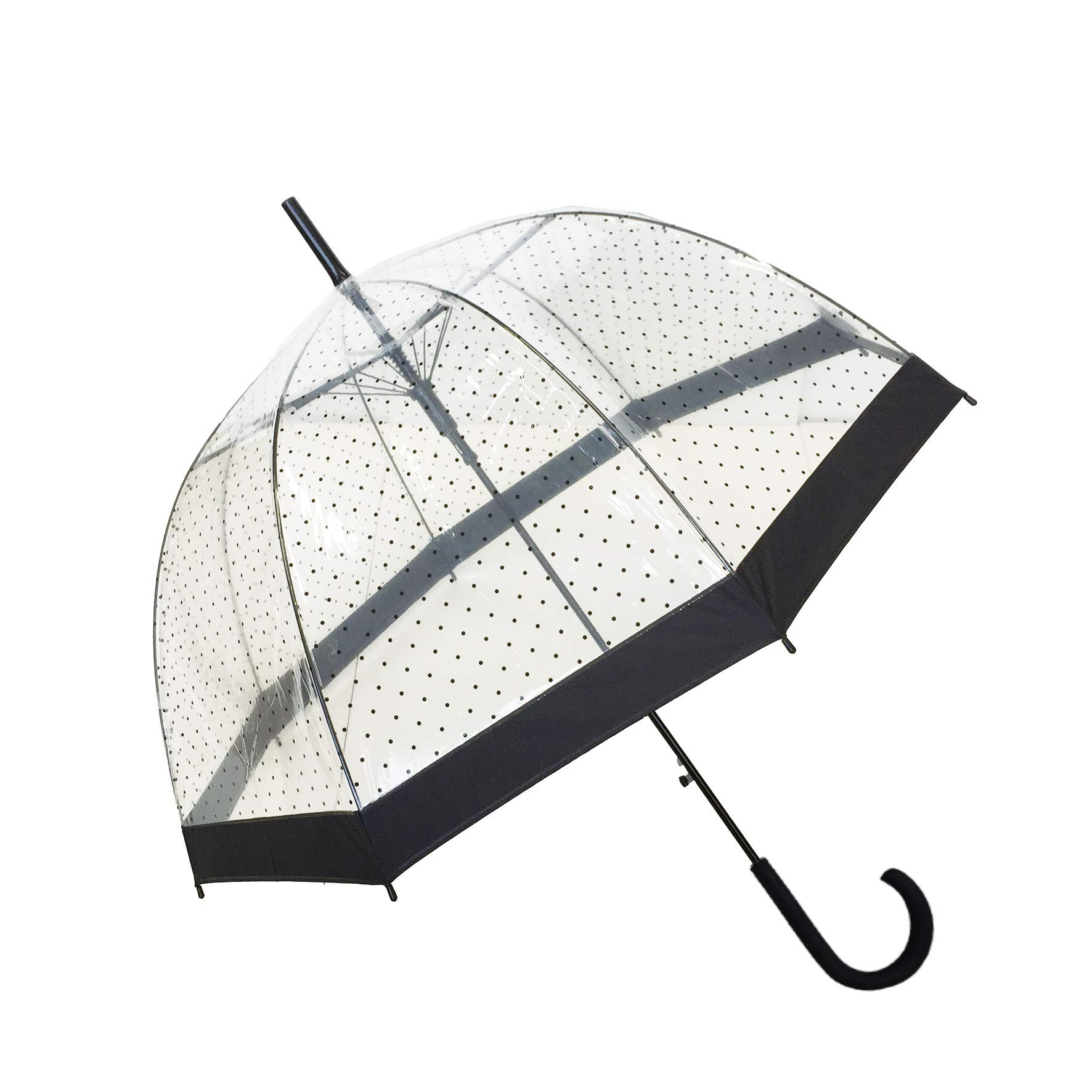 SMARTBULLE Long Transparent Umbrella - Birdcage shape ; Solid ; Automatic opening ; Diameter=85cm ; Lady Umbrella ; BLACK DOTS Pattern ; Dome shape umbrella