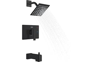 KENES Modern Matte Black Shower Faucet, Tub and Shower Trim Kit with Single-Spray Square Stainless Black Rain Shower Head, KE-6025A-2 (Shower Valve Included)