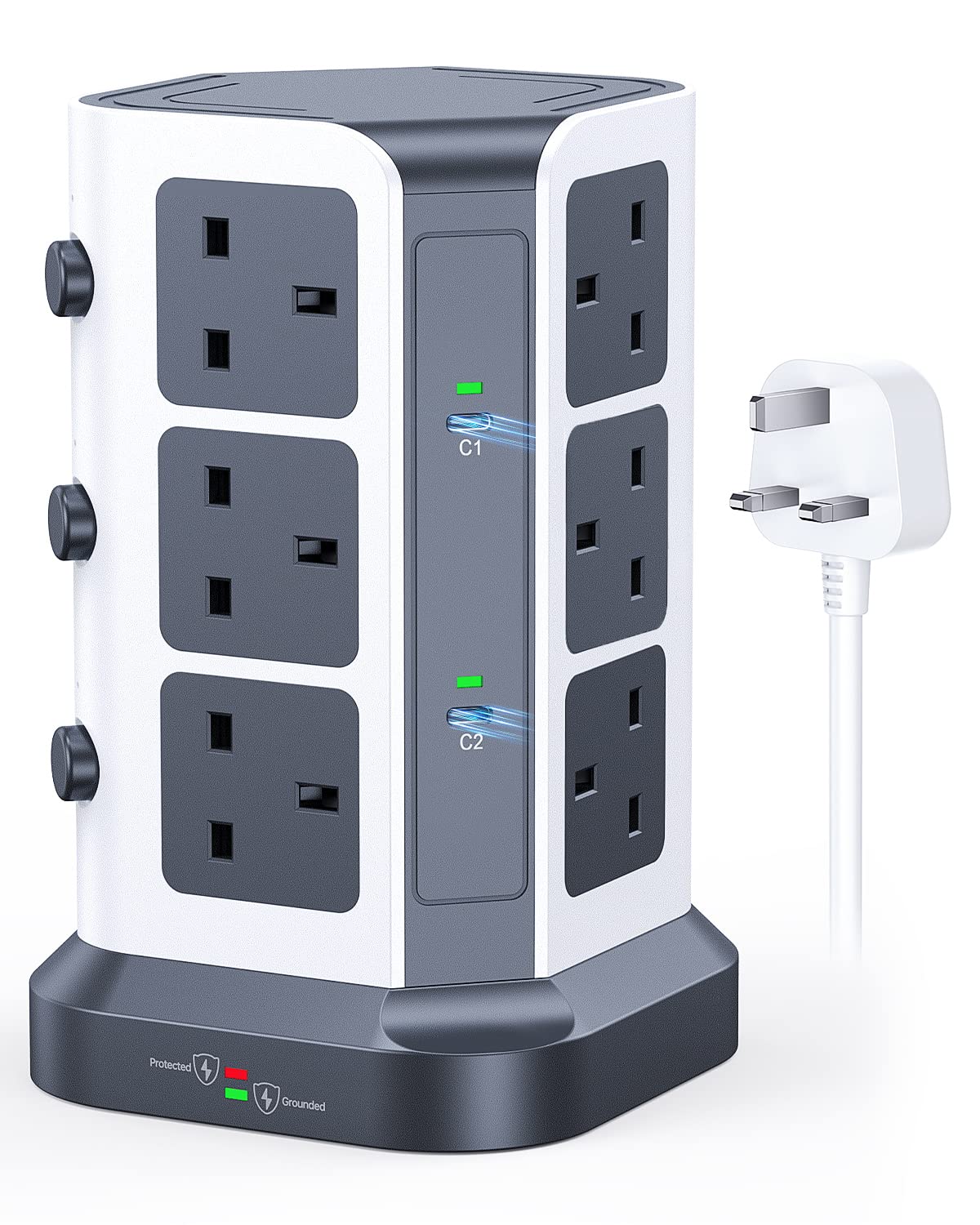 KOOSLA [65W] PD Tower Extension Lead Surge Protection, Multi Plug Extension with 12 Widely Spaced AC Outlets / 2 USB-C / 3 USB-A Ports, 2M Heavy-Duty Extension Cord for Home Office