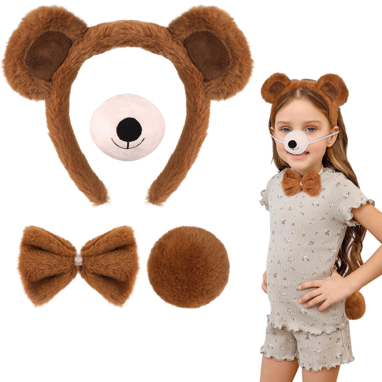 Hifot 4PCS Bear Costume Accessories, Furry Bear Ears Headband Bear Nose Bow Tie and Tail Set, Cute Bear Dress Up Animal Costume Kids Adult for Halloween Carnival Cosplay Birthdays Party World Book Day