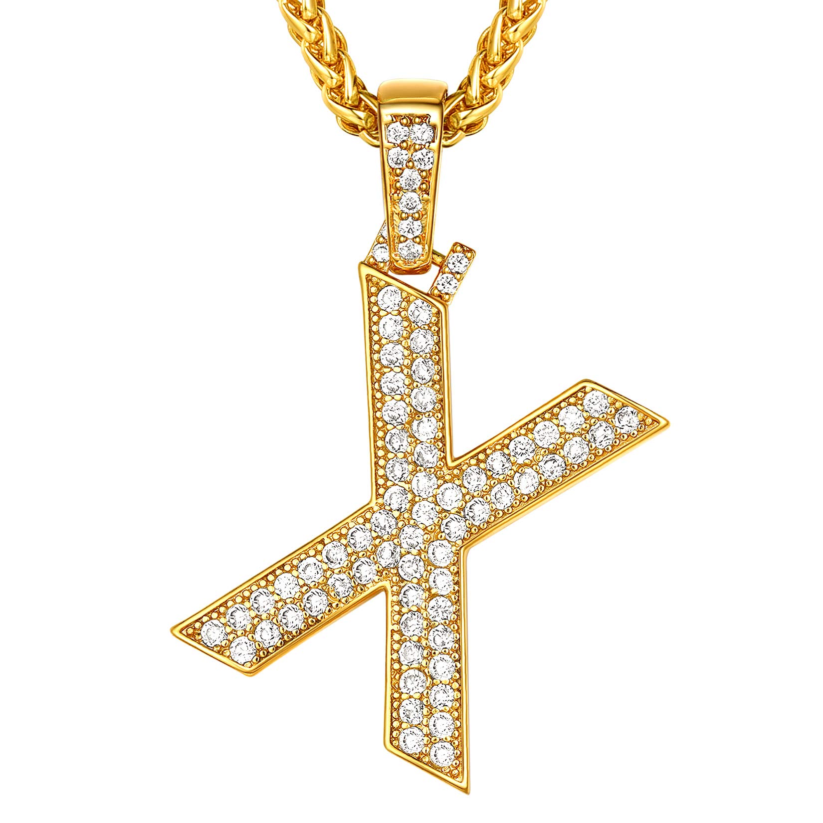Suplight Fully Necklace Initial X, Bling Hip Hop Jewelry, Gold Plated Micro Pave Cubic Zirconia A-Z Alphabet Letter Pendant Necklace for Men Boys