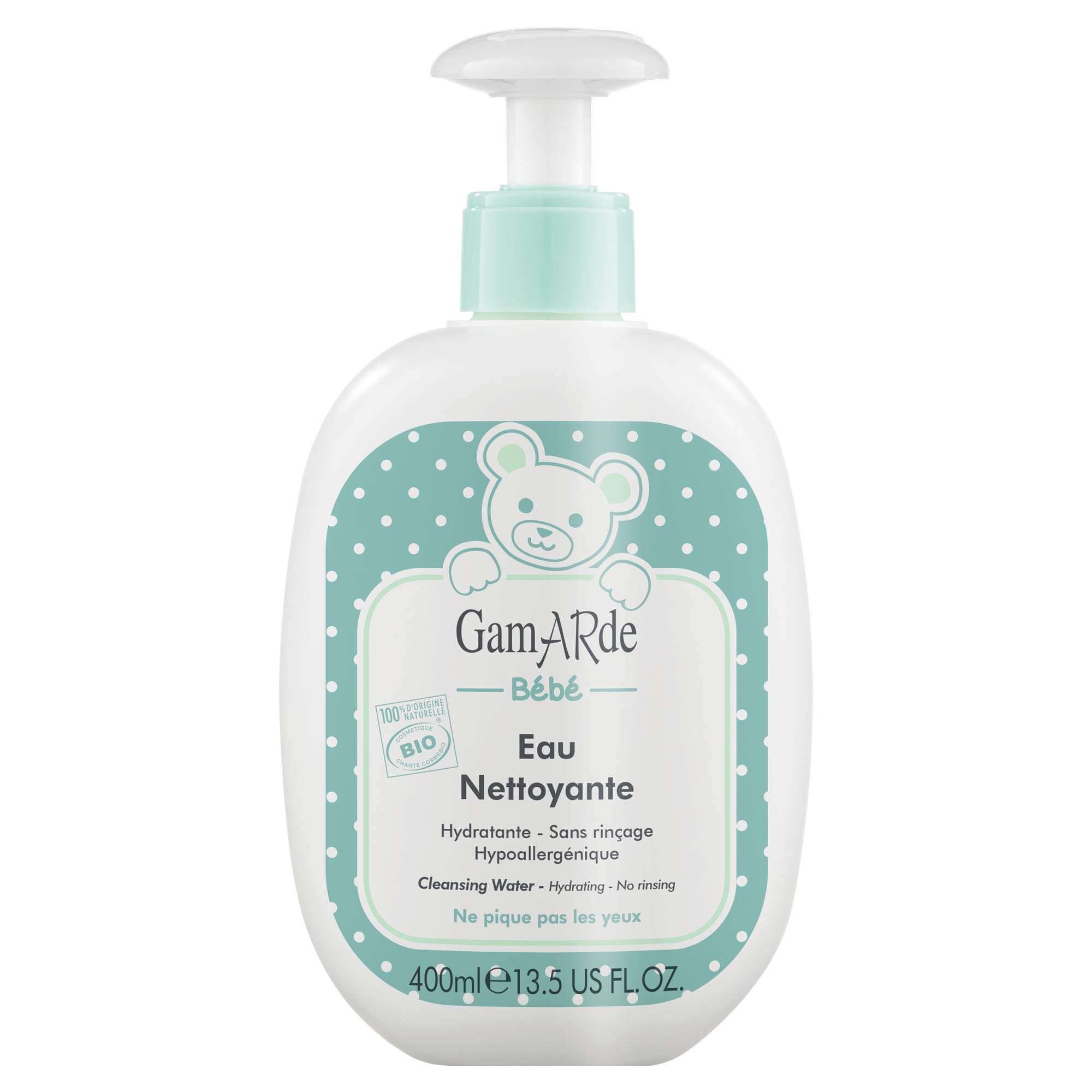 GAMARDE Organic cosmetics: baby cleansing water for face, skin and nappy area, 100% natural, dermatologically tested baby product, hypoallergenic cleaning, for babies and toddlers, 400 ml