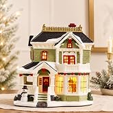 Christmas Village Houses, Lighted Ceramic Christmas Victorian Buildings | Light Up Christmas House, Green Gingerbread Figurines with Plug-in LED Lights Xmas Decorations for Indoor Mantel Decor,Gifts