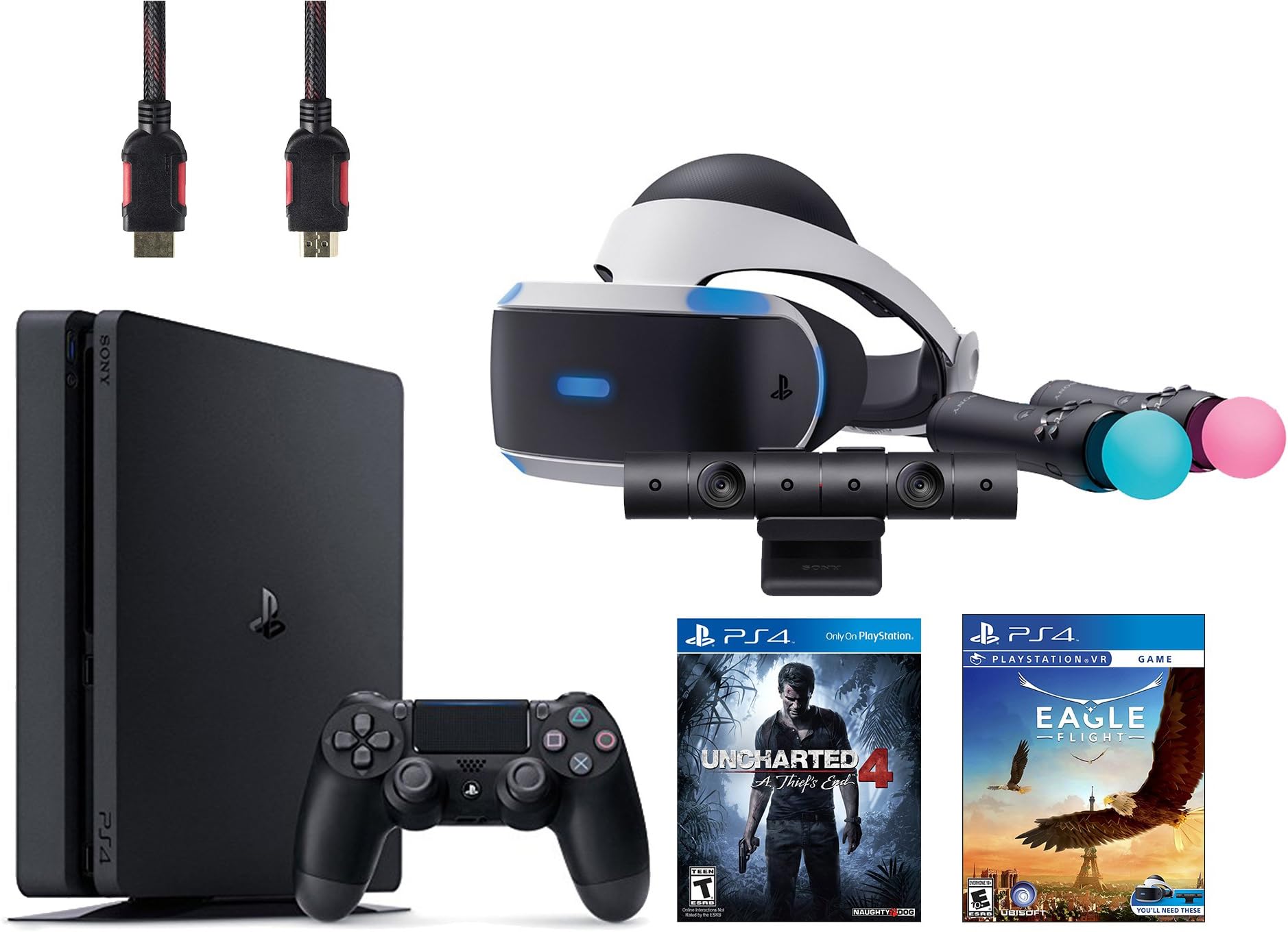 PlayStation VR Start Bundle 5 Items:VR Headset,Move Controller,PlayStation Camera Motion Sensor,PlayStation 4 Slim 500GB Console - Uncharted 4,VR Game Disc Eagle Flight