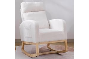 Krinana Nursery Rocking Chair with Solid Wood Legs, Glider Chair for Nursery with Side Pocket, Rocker Armchair for Living Room Bedroom (White, Teddy Fabric)
