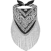 BXT Women Disco Fringed Bandana Rhinestone Paisley Tassel Scarf Head Wrap Western Party Cowgirl Bachelorette Kerchief