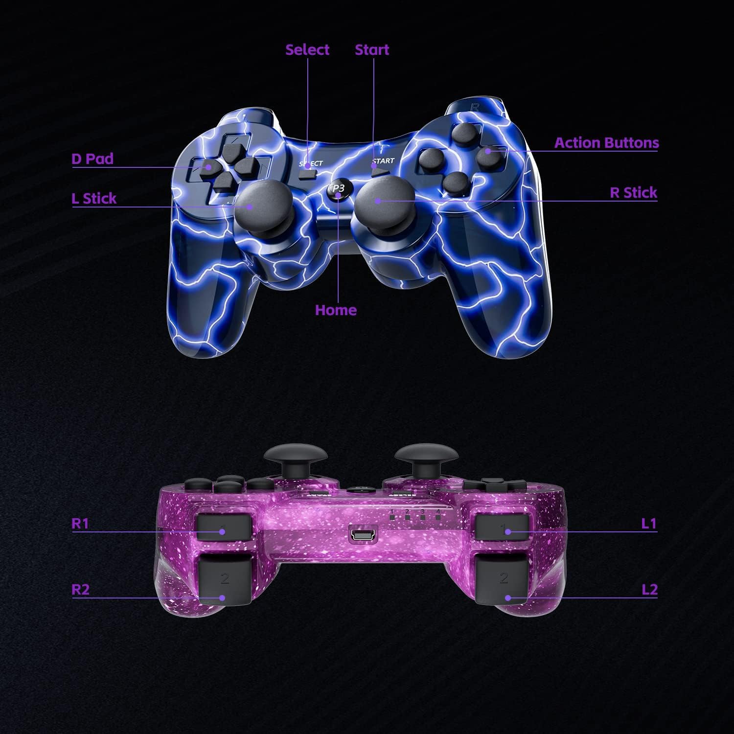Wireless Controller for PS-3 Motion Sense Double Vibration Upgraded Gaming Remote for Play 3 with Charging Cord (Blue+Purple)