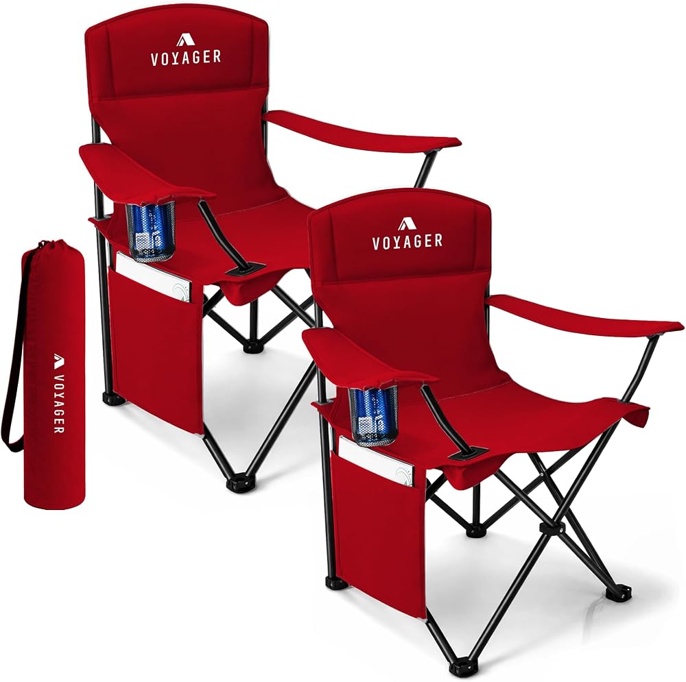 Voyager Folding Camping Chairs 2 Pack with Cooler Bag Lightweight Steel Frame