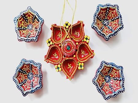 Tulsi Diya Wall Hanging | Diwali Decoration Handmade Earthen Clay Terracotta Decorative Diya 4Pcs | Puja Thali 1 | Tealight Candle Festival Diya Oil Lamps.
