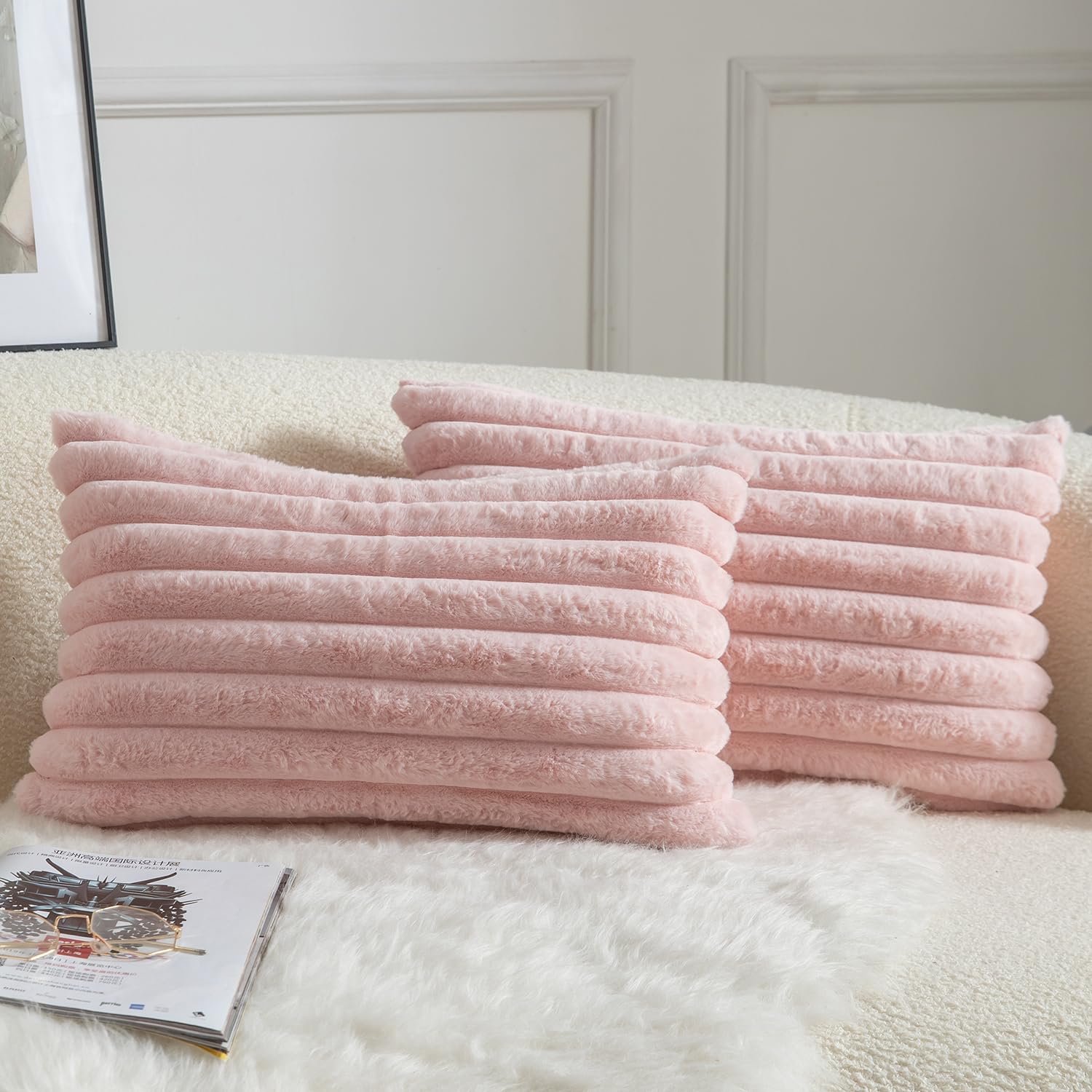 Mandioo Pack of 2 Decorative Cushion Covers 30cm x 50cm Faux Fur Striped Plush Soft Throw Pillow Covers Pillow Cases Bedroom Living Room Sofa Home 12x20 Inch Pink