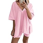 TAQCUX 2 Two Piece Outfits for Women Summer Oversized Workout V Neck T Shirts Biker Shorts Matching Sets