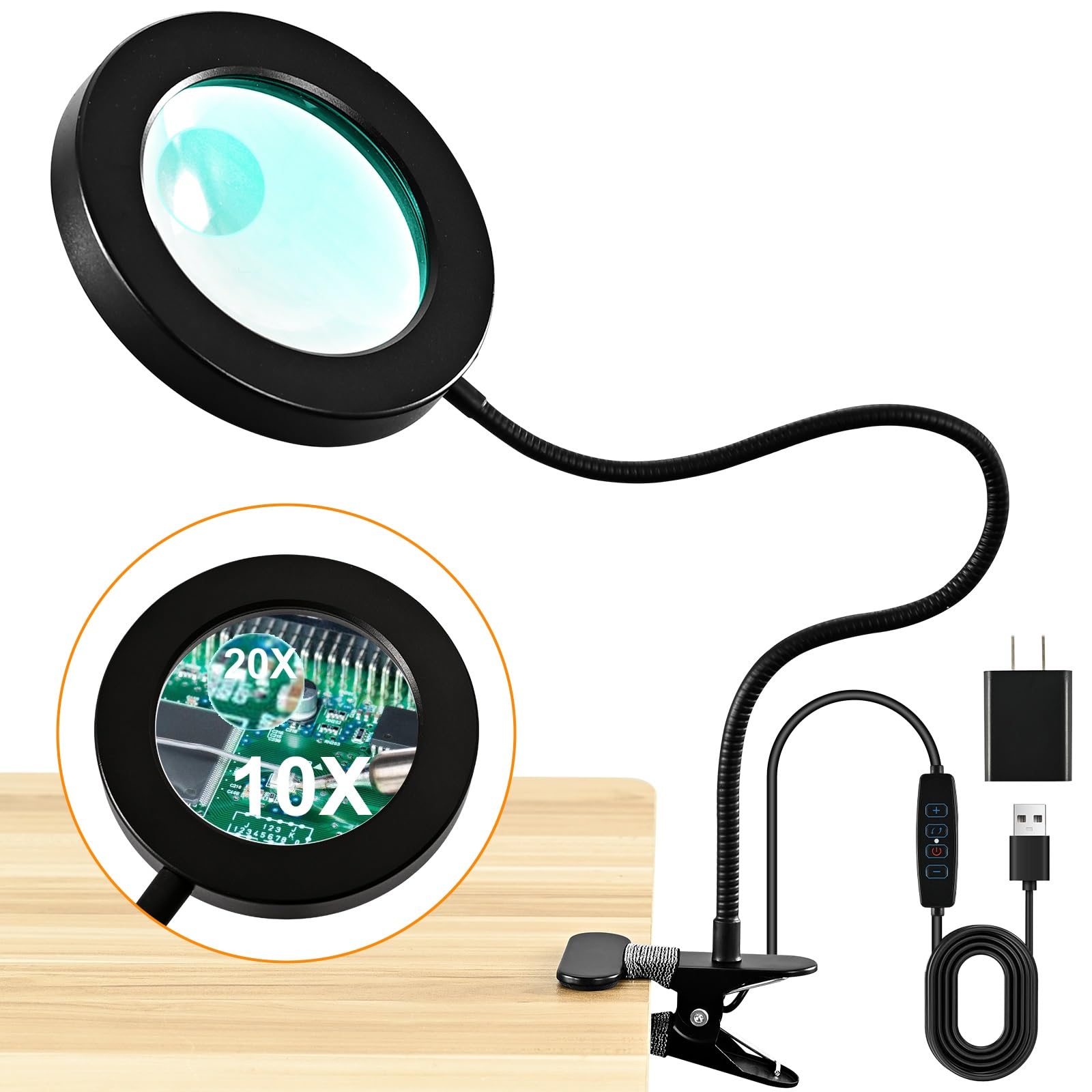Photo 1 of 20X/10X Dual-Lens Magnifying Glass with Light and Timer, Combination Lens Magnifier with Light, 3 Color Modes, 2 in 1 Magnifying Desk Lamp for Craft Hobby Painting Sewing Close Work