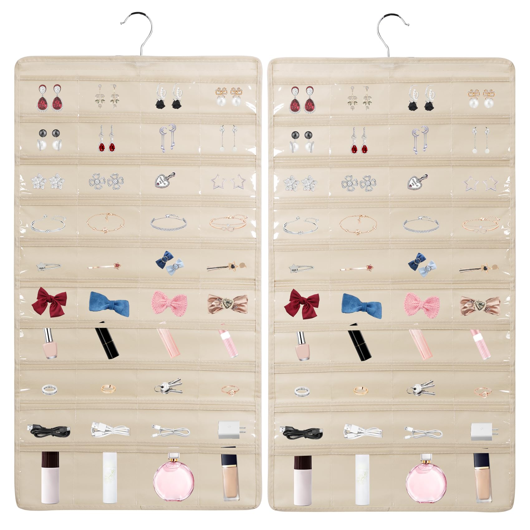 SAVORLIVING Hanging Jewelry Organizer, Dual Sided Closet Earring Storage with Hanger, 80 Clear Pockets Storage for Jewelry Necklaces, Bracelets (Beige)