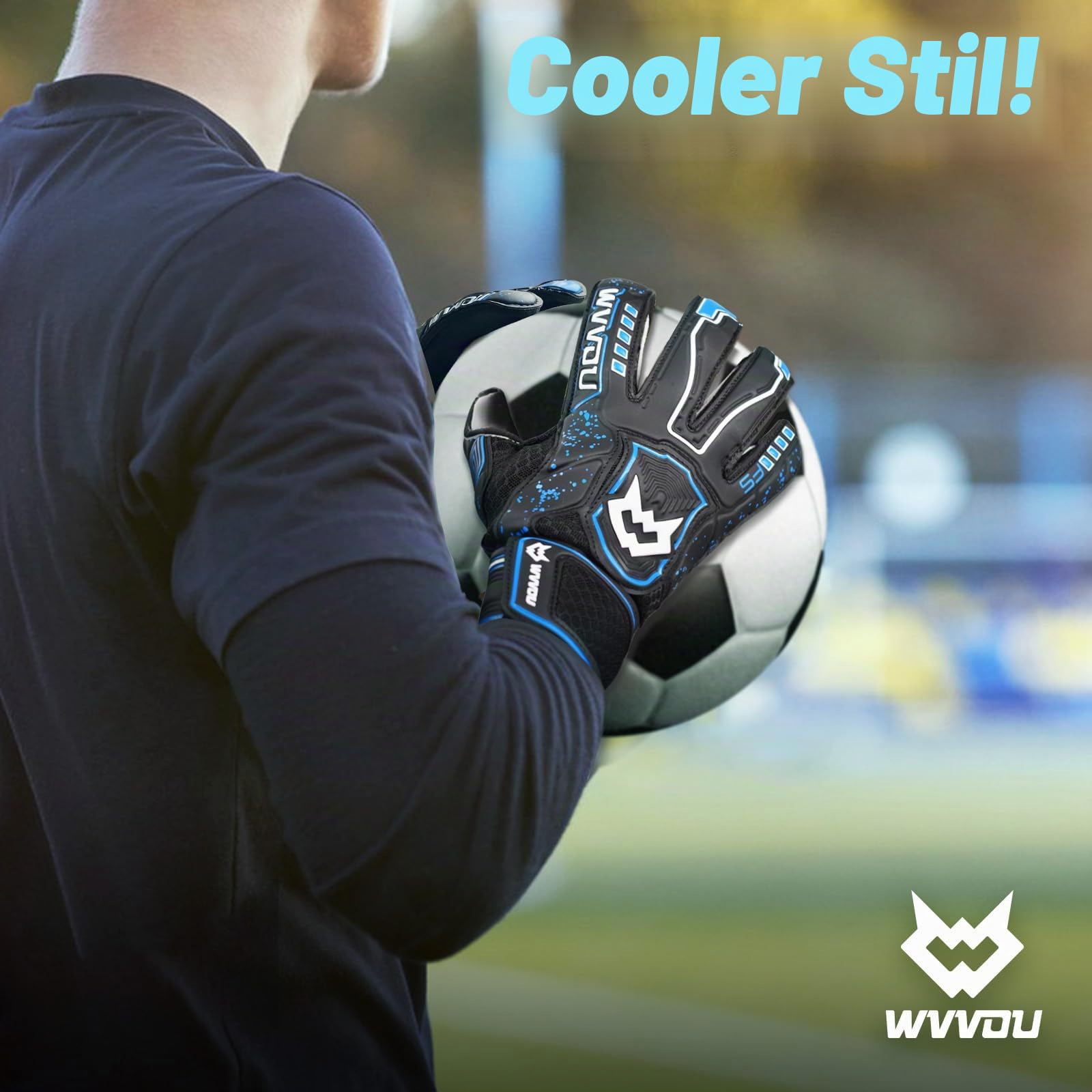 WVVOU Torwarthandschuhe Kinder und Herren Größe 9 Schwarz, Abnehmbarer Fingersave, 4+3 mm Latex, rutschfest, Fußball-Training und Spielbetrieb, Atmungsaktives Netz 2