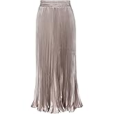 ebossy Women's Boho Satin Metallic Pleated Accordion Skirts Elastic High Waist Flowy A Line Shirring Maxi Long Skirt (One Size, Nude)