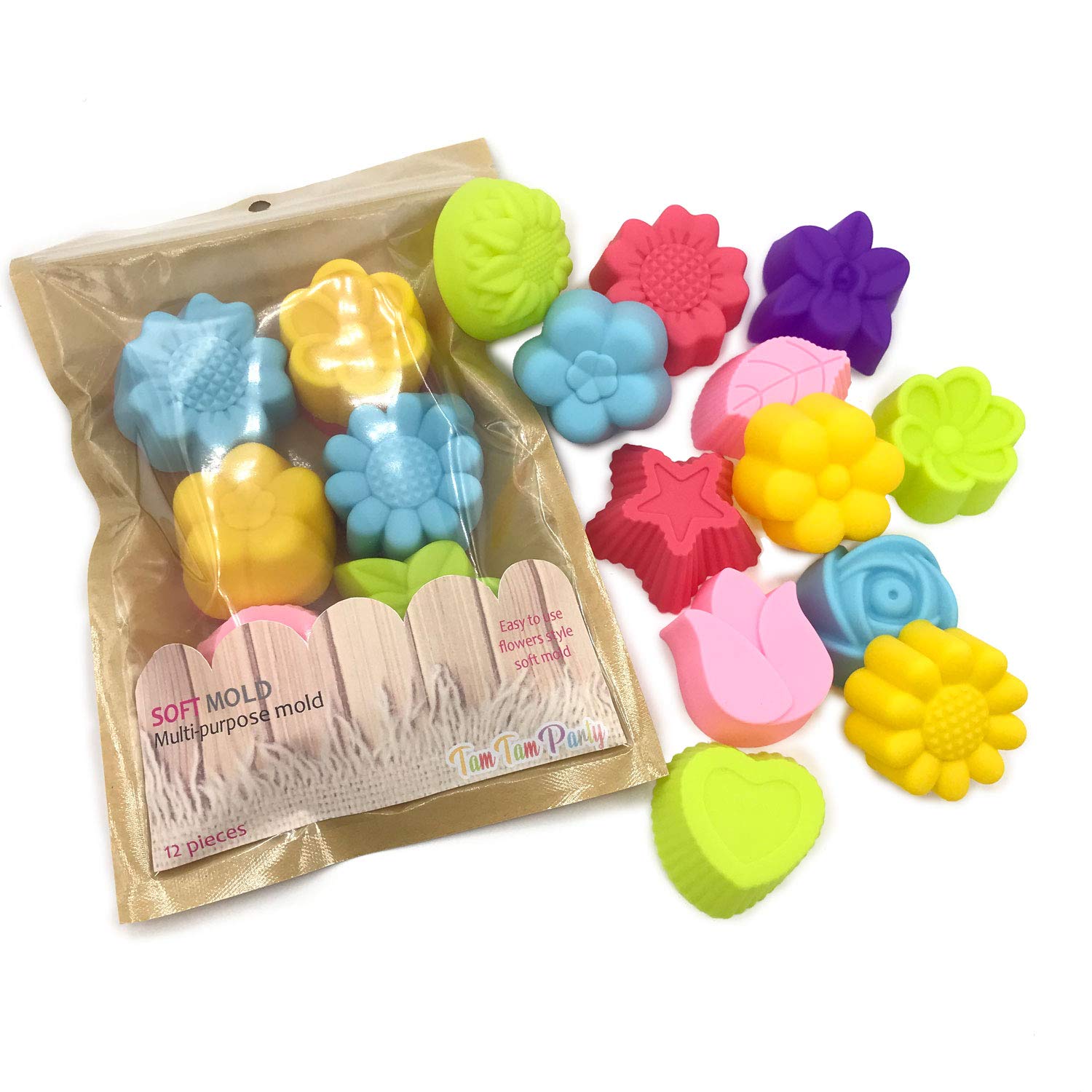TamTamParty 12PC Set Pack | Assorted Colours Flowers Mixed Design Molds | Chocolate Molds - Candy Molds - Jelly Molds - Mini Soap Molds | Silicone Ice Cube - Silicone Molds Individual Separated Molds