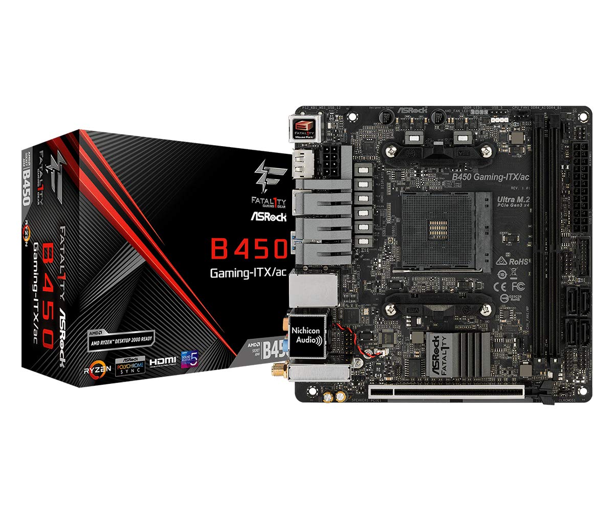 ASRock Fatal1ty B450 Gaming-ITX/ac AMD Socket AM4 HDMI/DisplayPort DDR4 USB C 3.1 Gen2 Motherboard